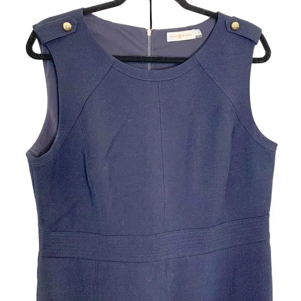 Tory Burch Women’s Wool Blend Evelina Sheath Dress size 14 Navy Blue Gold Detail
